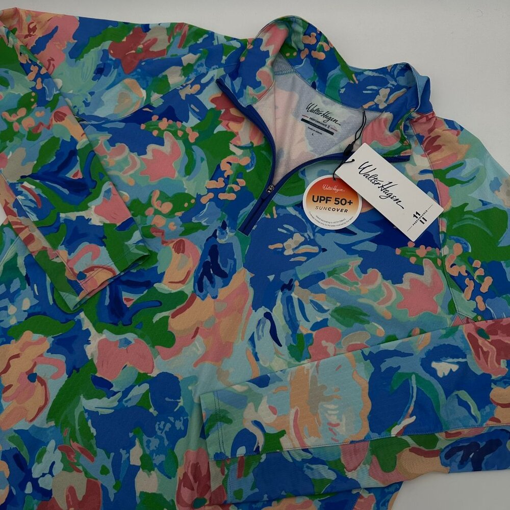 Walter Hagen Women's P11 Suncover Floral 1/4 Zip Golf Pullover, L, Blue Gouache